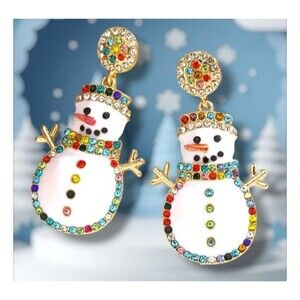 White Enamel Happy Snowman Outlined in Colorful Rhinestones